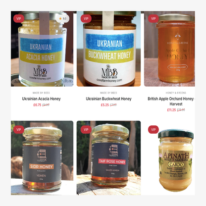 Jars of premium honey with VIP badge